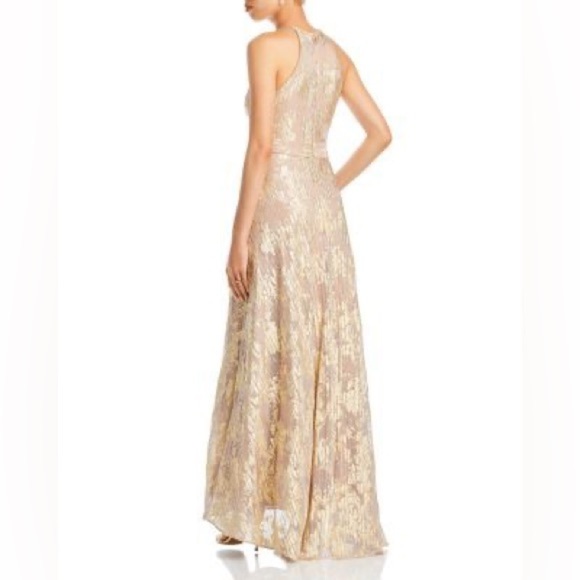 Aqua Formal Floral Print Foil Halter Gown Metallic Gold Beige size 10 - Picture 2 of 16